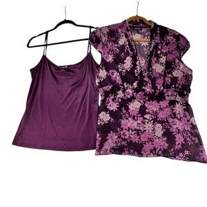 Daisy Fuentes Set Purple Floral Sheer Blouse Waist Smocking Buttons Camisole Med
